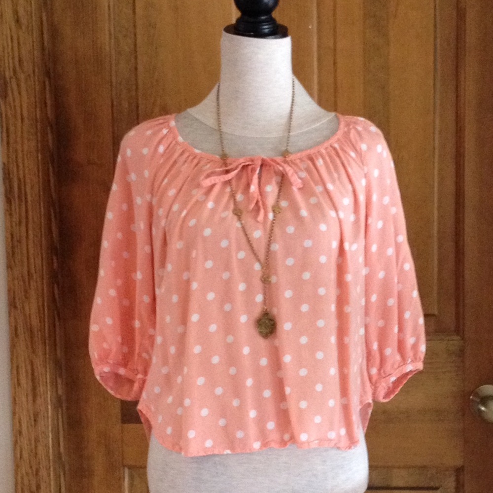 KENAR Coral Pink Polka Dot Blouse | Keyhole Neckline M | Barbiecore